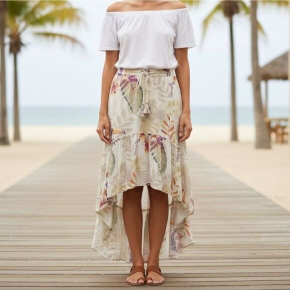 Z&L Dresses & Skirts - Z & L Cream Multi Tropical Leaf Floral Toucan Bird Tassel Hi-Lo Skirt Womens M